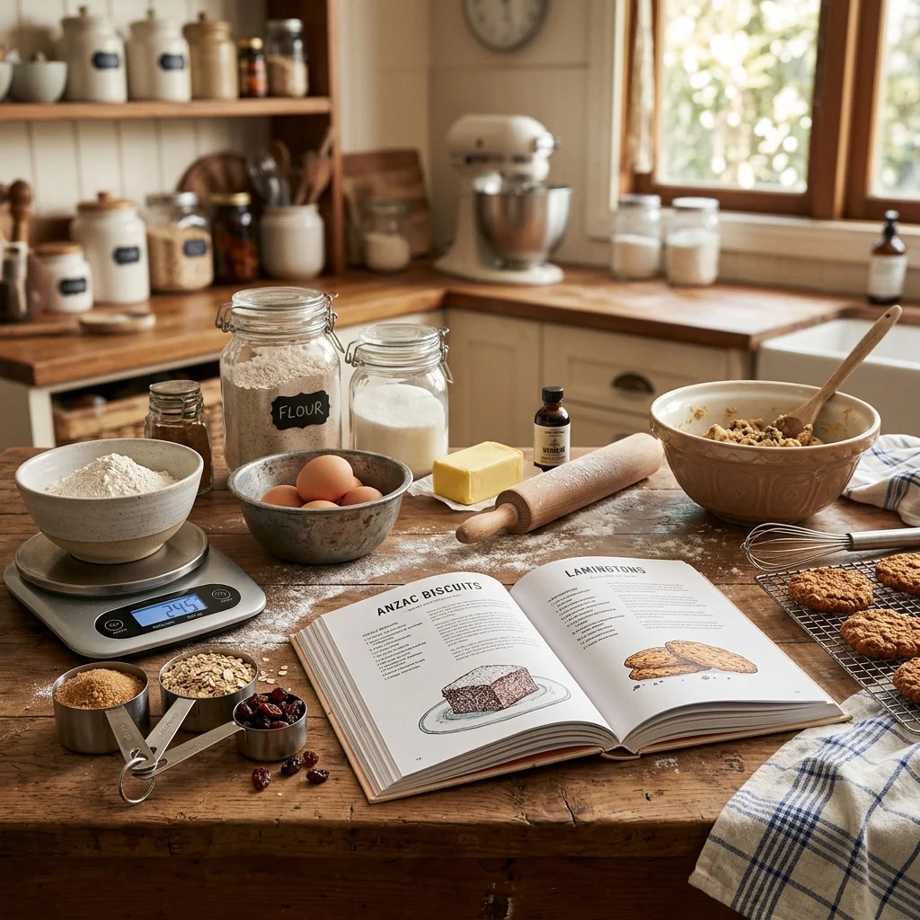 Hyperrealistic professional baking editorial photograph showing a collection of different baking pans on a kitchen worktop