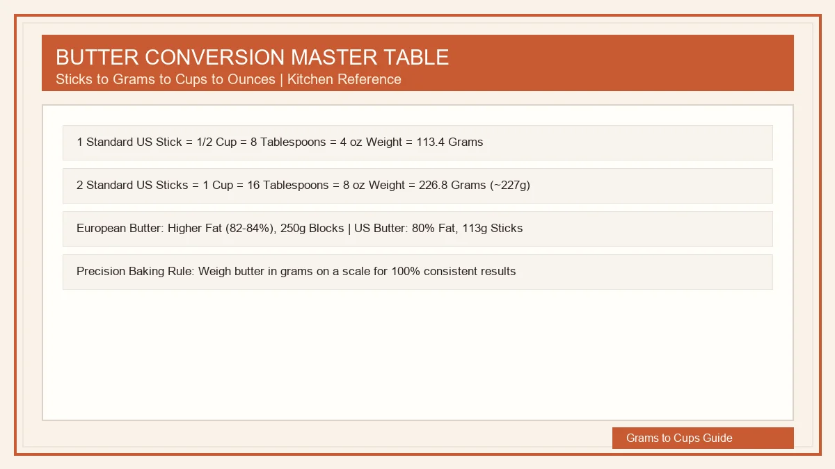Comprehensive butter conversion master table displaying sticks to grams, cups, tablespoons, and ounces