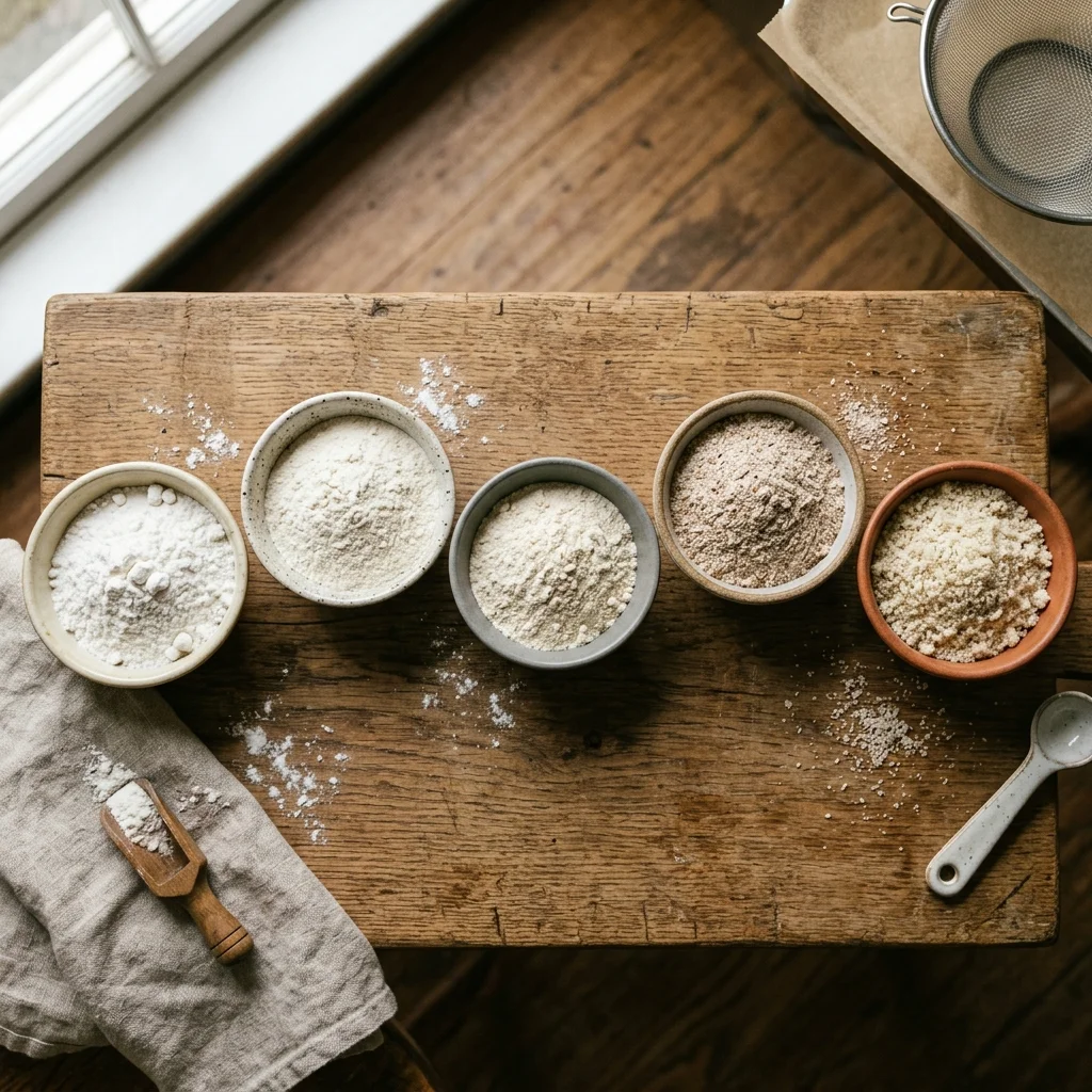 All-purpose flour and almond flour sample containers on a baking counter for density comparison