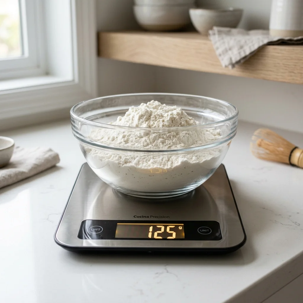 Home baker weighing dry ingredients in grams on a digital kitchen scale